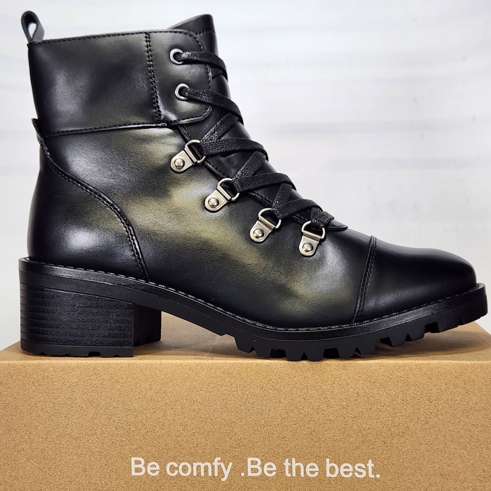 ANJOUFEMME Combat Boots Women Size 7.5 Black Cap Toe Lace Up Side Zip Lug Sole